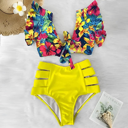Giallo Costume da bagno a due pezzi con top decorativo