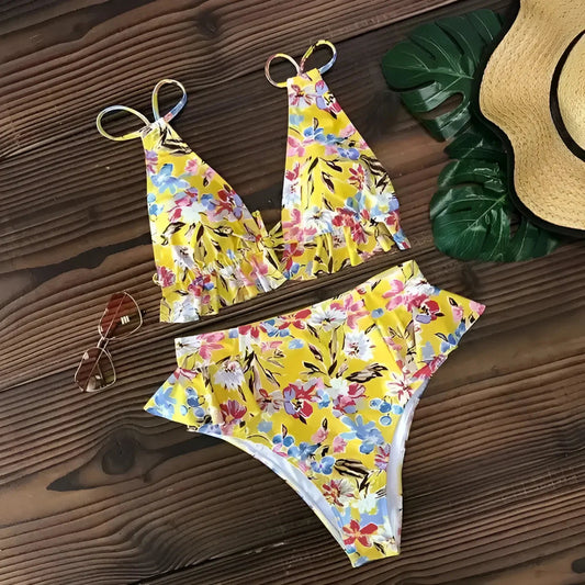 Giallo Costume da bagno a due pezzi con delicate rouches
